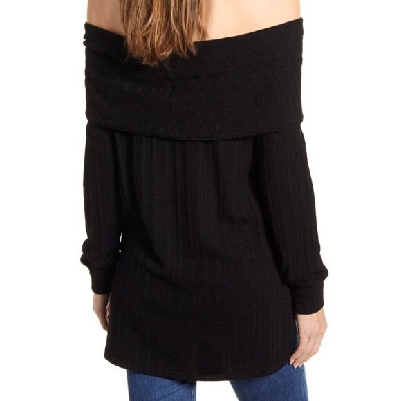 Loveappella Tunic Top Ribbed Pointelle Off the Shoulder Black Casual Fold Over - Picture 5 of 11
